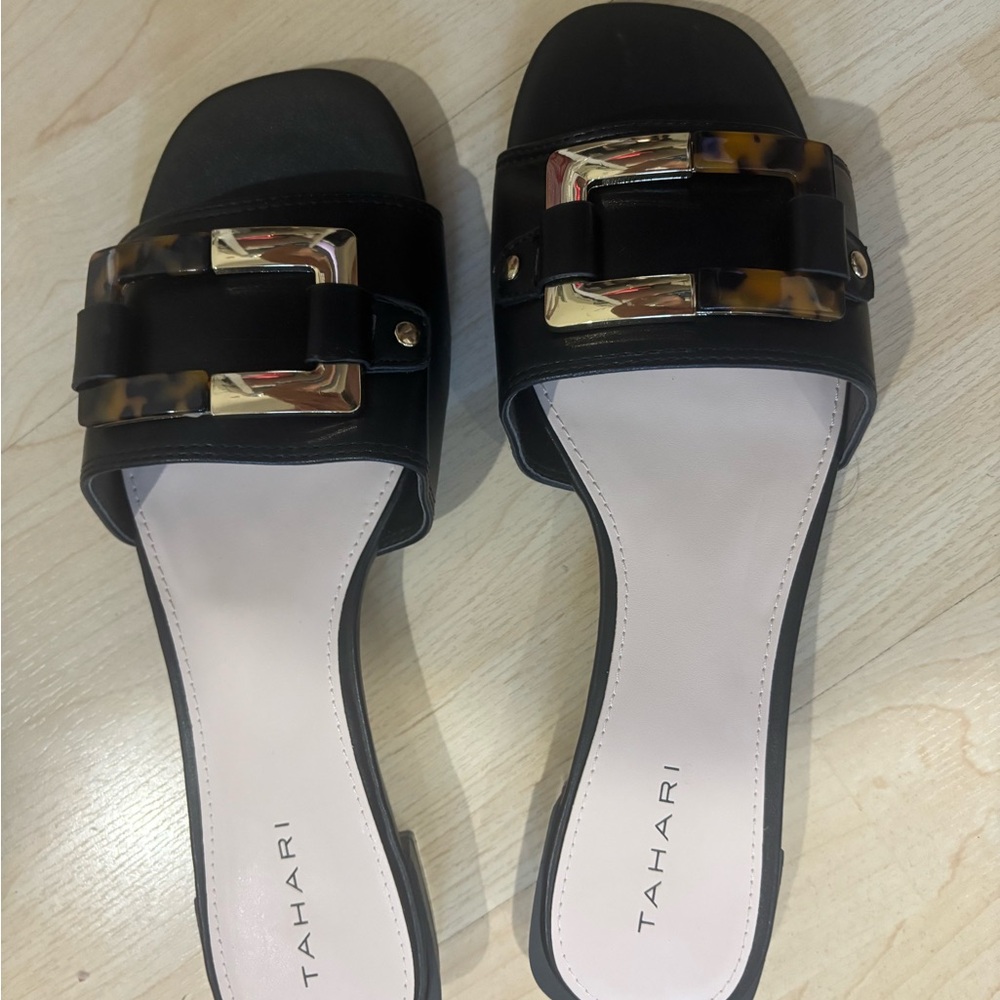 Tahari Black Sandals with Tortoise Accent